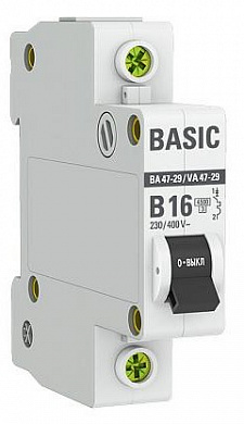 Выключатель автоматический 16А 1П однополюсный B 4,5kA ВА 47-29 Basic mcb4729-1-16-B EKF (арт.2054106239)